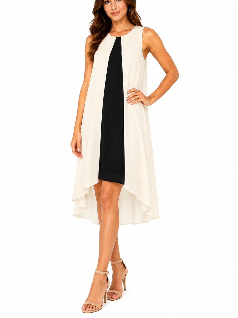 Max Love Black & Cream Sleeveless High-Low Chiffon Dress Size Small